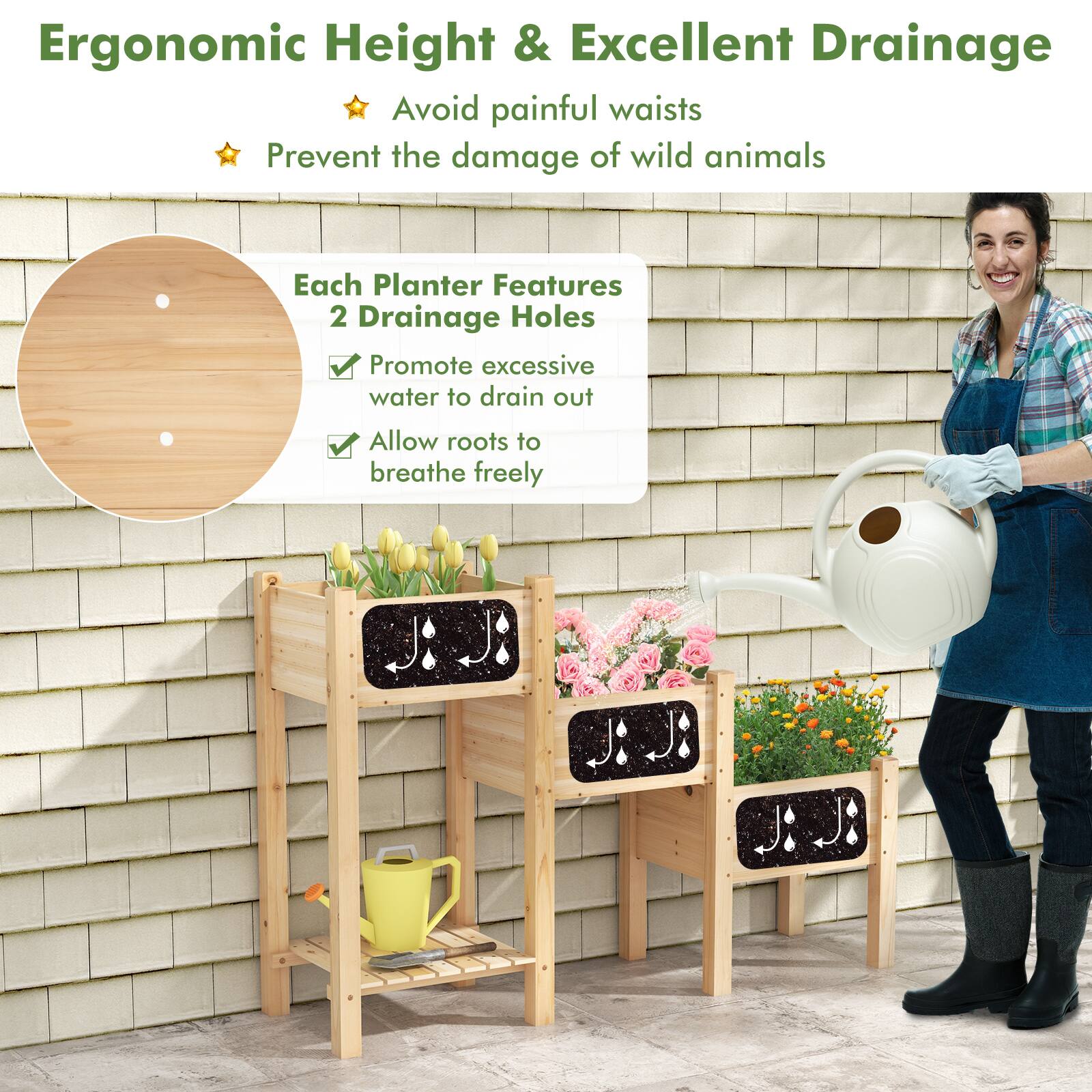 Ergonomic Height & Excellent Drainage

- Avoid painful waists
- Prevent the damage of wild animals

Each Planter Features 2 Drainage Holes
- Promote excessive water to drain out
- Allow roots to breathe freely