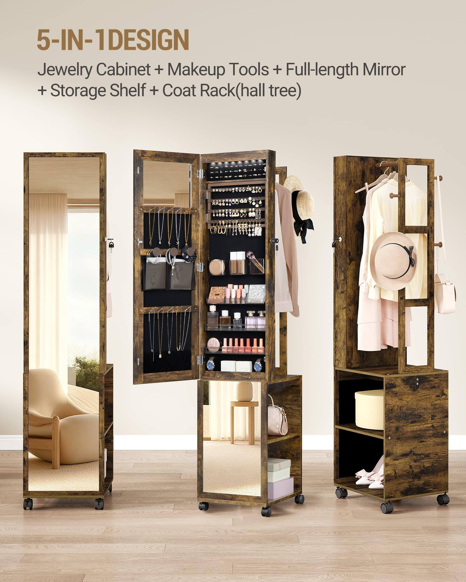 5-IN-1 DESIGN  
Jewelry Cabinet + Makeup Tools + Full-Length Mirror + Storage Shelf + Coat Rack (hall tree)