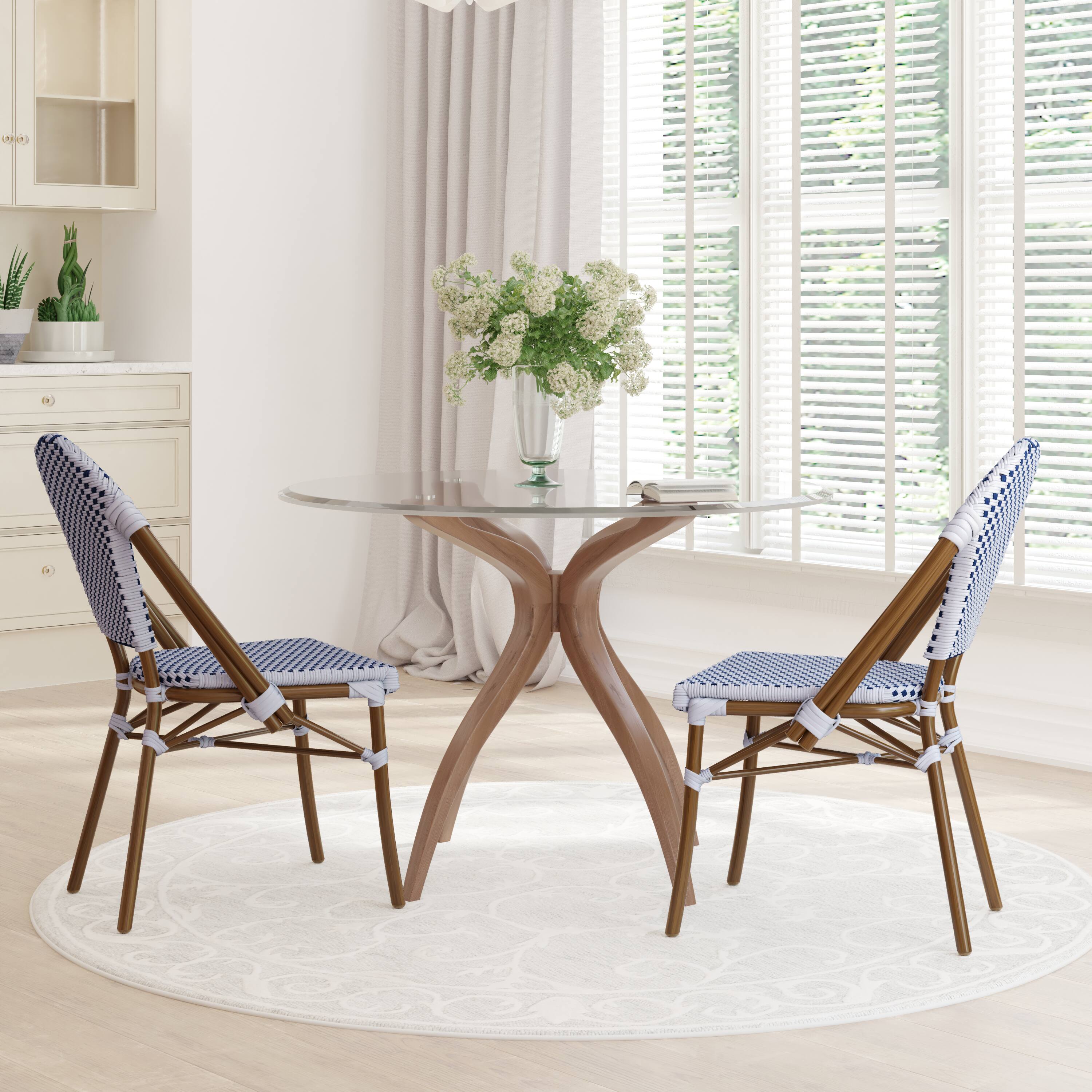 Alt View 2. Emma + Oliver - Colmar Indoor/Outdoor Stacking Bistro Chairs with Aluminum Frame - White & Navy/Natural Frame.