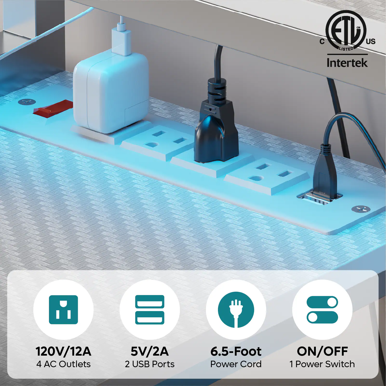 1N ETL US LISTED Intertek 120V/12A 4 AC Outlets 5V/2A 2 USB Ports 6.5-Foot Power Cord ON/OFF 1 Power Switch