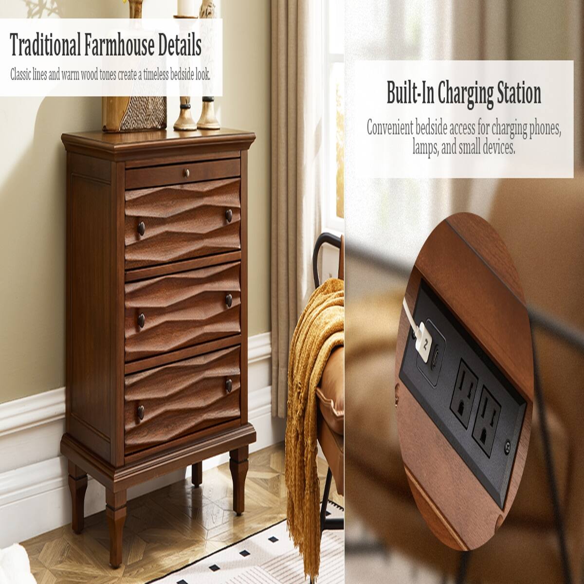 Traditional Farmhouse Details  
Classic lines and warm wood tones create a timeless bedside look.

Built-In Charging Station  
Convenient bedside access for charging phones, lamps, and small devices.