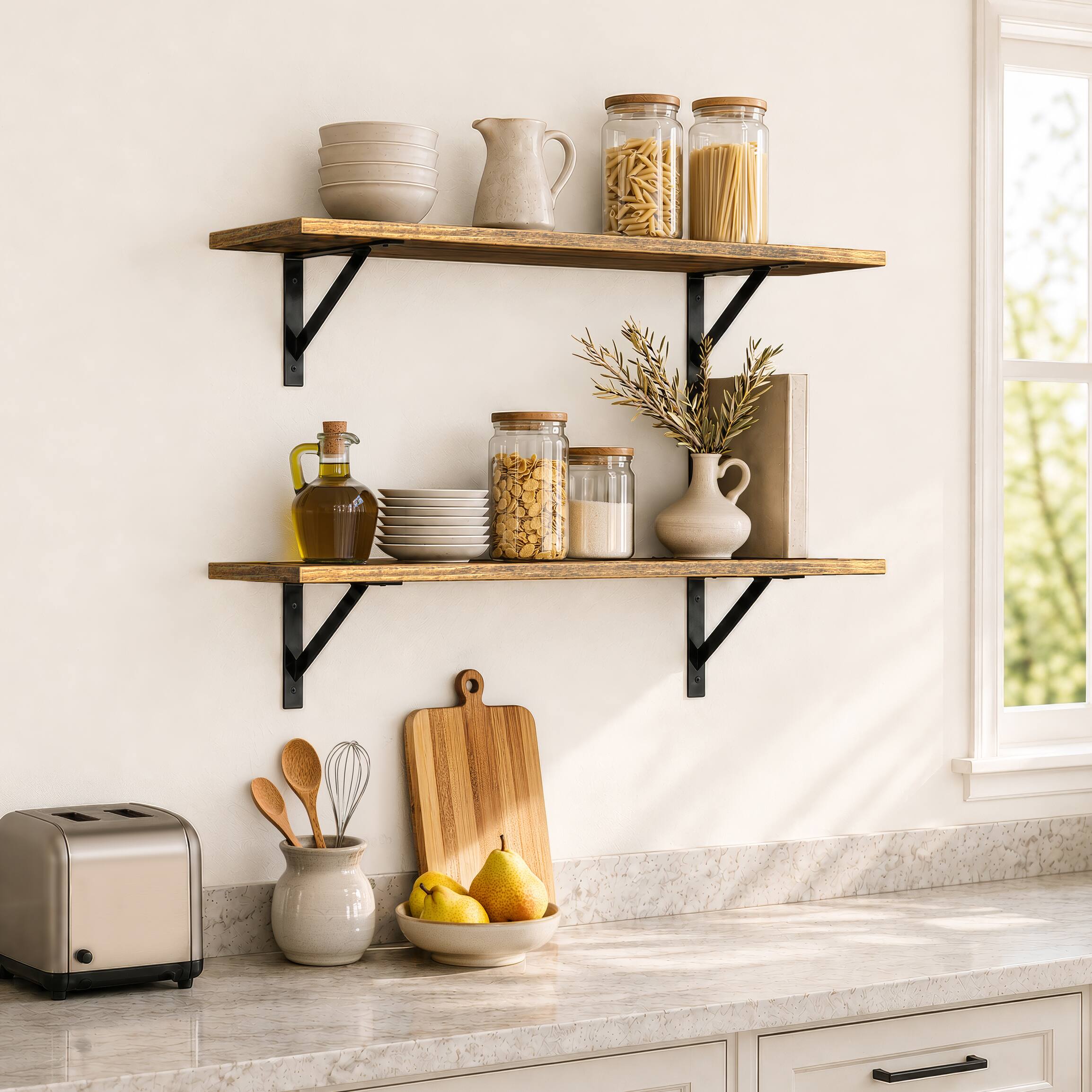 Alt View 5. Sorbus - Wall Shelves 31.5" with Black Metal Brackets, Set of 2, Brown - Brown.