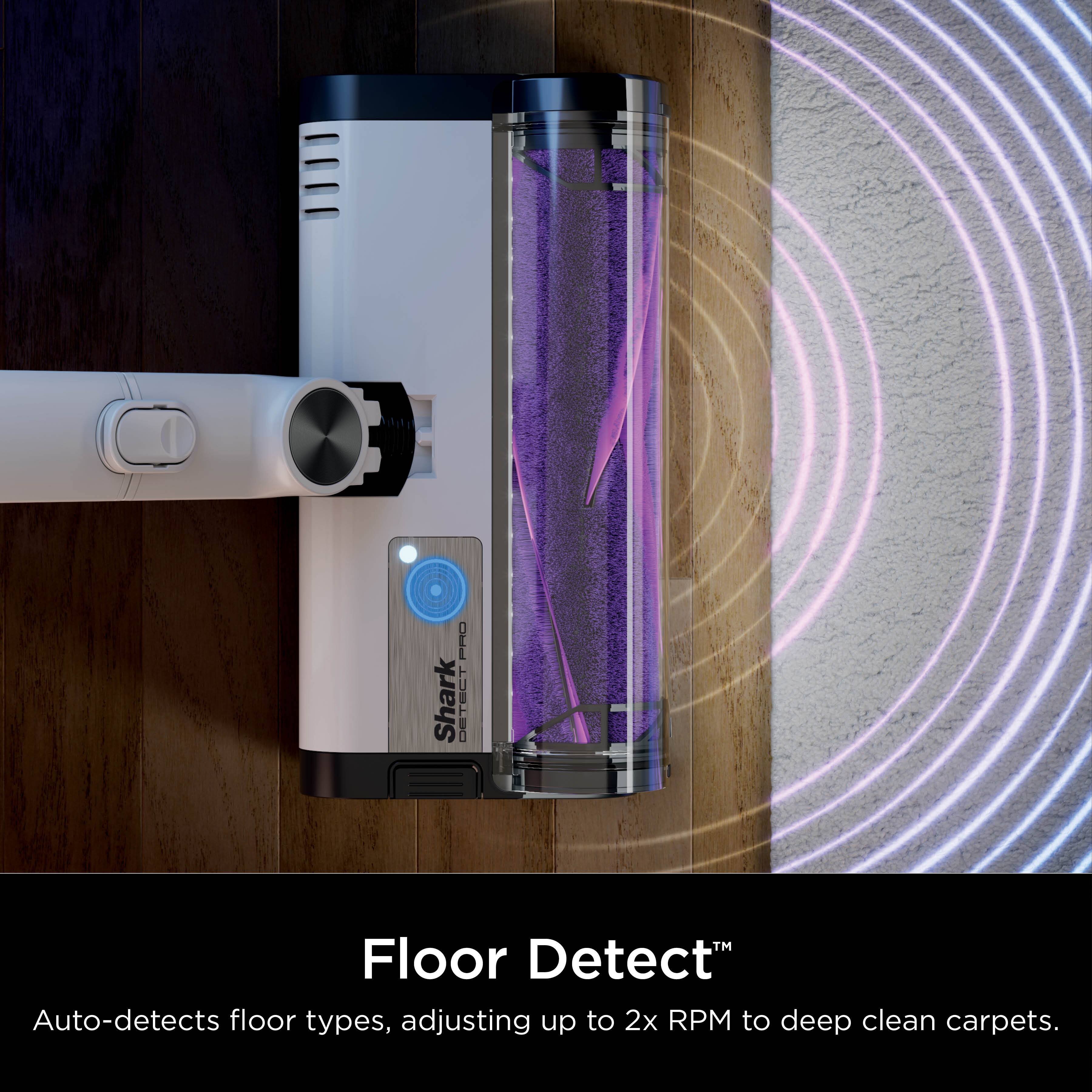I Shark Floor Detect Auto-detects floor types, adjusting up to 2x RPM to deep clean carpets.