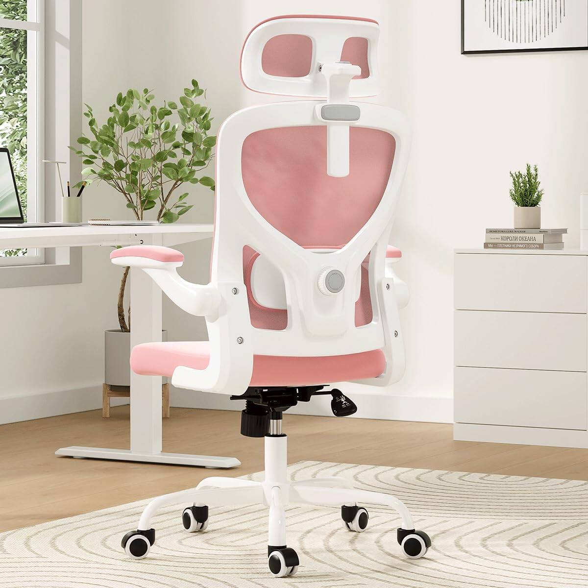 PexFix - Ergonomic Office Chair with Flip-Up Arms, 121° Recline & Adjustable Lumbar Support, 300 lb Capacity - White+Pink