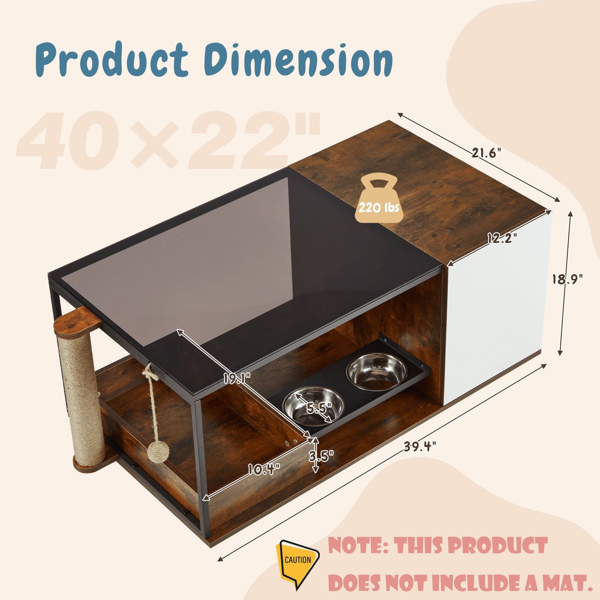 Product Dimension  
40" x 22"  
220 lbs  
21.6"  
12.2"  
18.9"  
19.1"  
5.5"  
10.4"  
3.5"  
39.4"  

Note: This product does not include a mat.