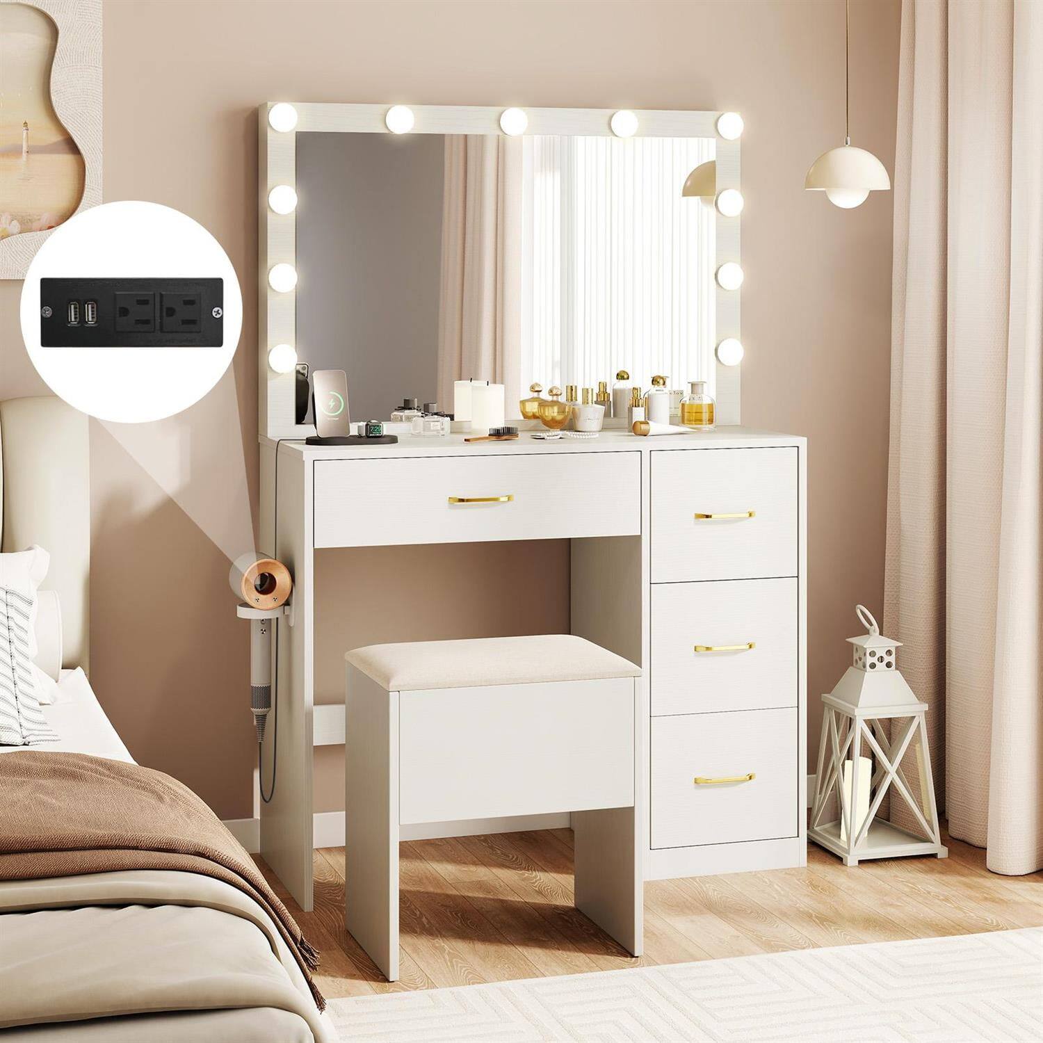 Angle. Pefilos - Lighted Vanity Desk, Dimmable LED Mirror, USB Charging Port, 4 Drawers, Hidden Storage Stool, Compact White - White.
