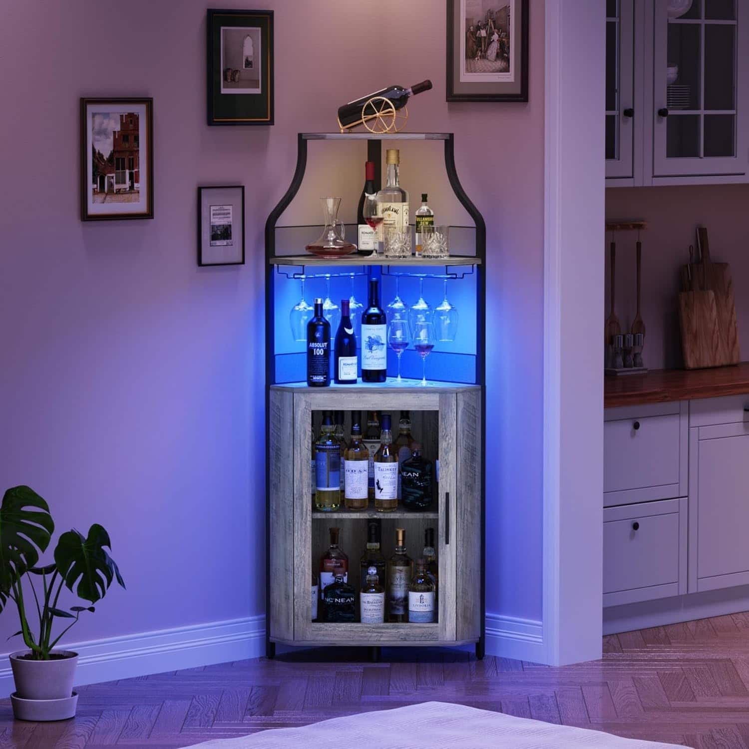 Babevy - 5-Tier Gold Industrial Corner Bar Cabinet with LED Light,Removable Glass Rack,Adjustable Shelves & Glass Doors - Gray