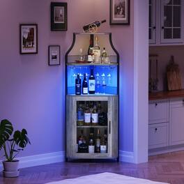 Babevy - 5-Tier Gold Industrial Corner Bar Cabinet with LED Light,Removable Glass Rack,Adjustable Shelves & Glass Doors - Gray
