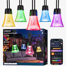 Linkind Smart Outdoor String Lights
Wi-Fi CERTIFIED
AuroScope Multiple Color Zones
Color Control & MusicSync
Tunable White 1800K-6500K
20 LED Bulbs
48 ft (144 ft) Length
Shatterproof
AI SameColor Fading
Works with Alexa, Google Home
Aidot
