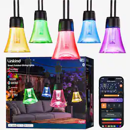 Linkind - Smart Outdoor String Lights, RGBTW, 40 LED Bulbs, 96ft, AI Effects, IP67 Waterproof, Patio & Backyard, 88 Presets - Multicolor