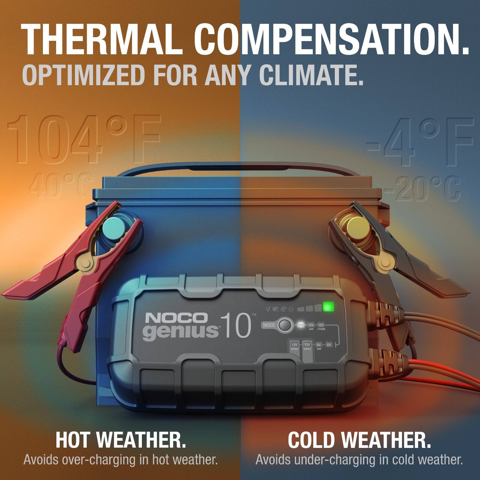 THERMAL COMPENSATION.  
OPTIMIZED FOR ANY CLIMATE.  

104°F - 4°F  
40°C - 20°C  

NOCO genius 10 MODE  

00-18-109 S LV 12V  

HOT WEATHER.  
Avoids over-charging in hot weather.  

COLD WEATHER.  
Avoids under-charging in cold weather.