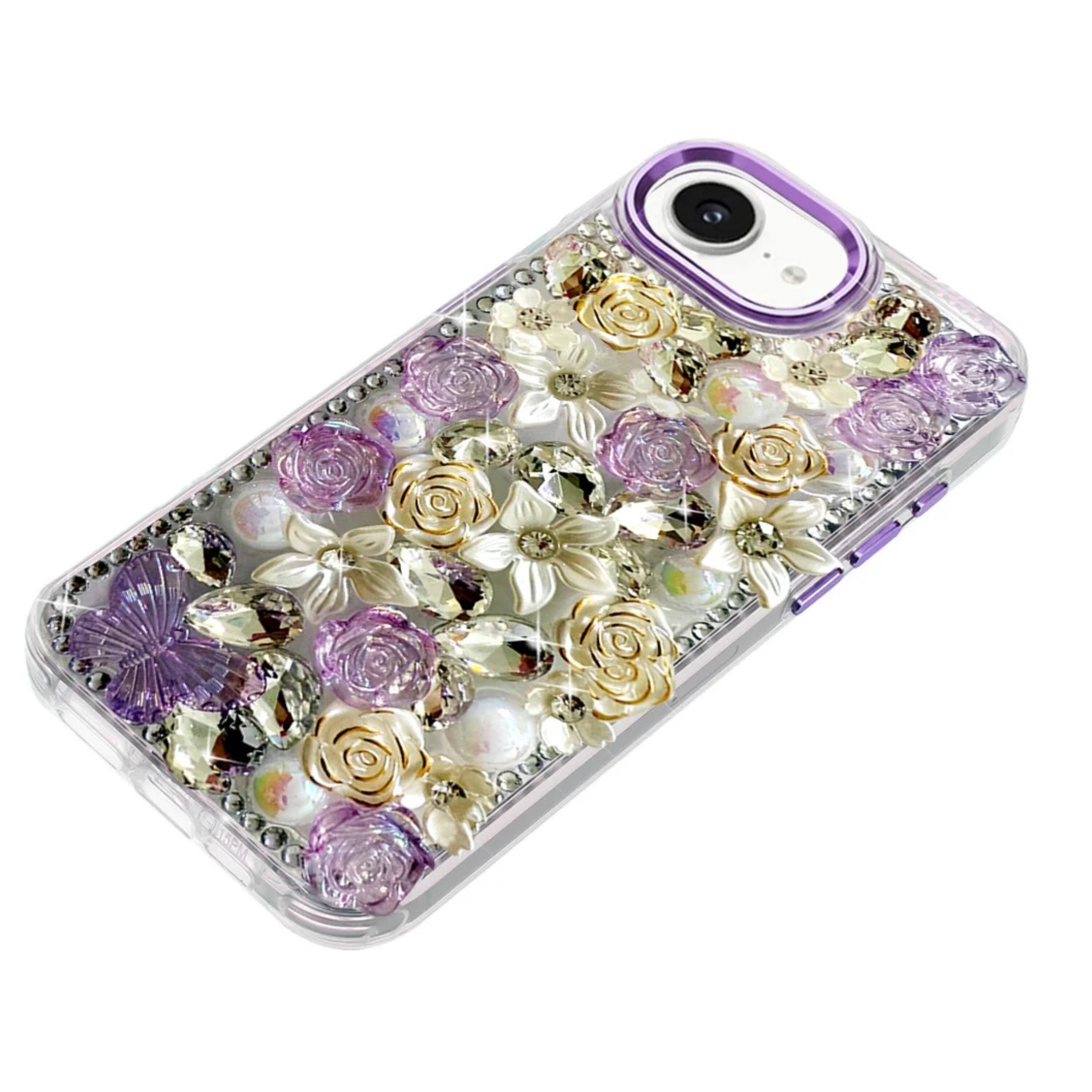 Angle. Kitcheniva - 3D Floral Arrangement Bling Rhinestone Phone Case With Tempered Glass For iPhone 16e 17e Purple - Purple.