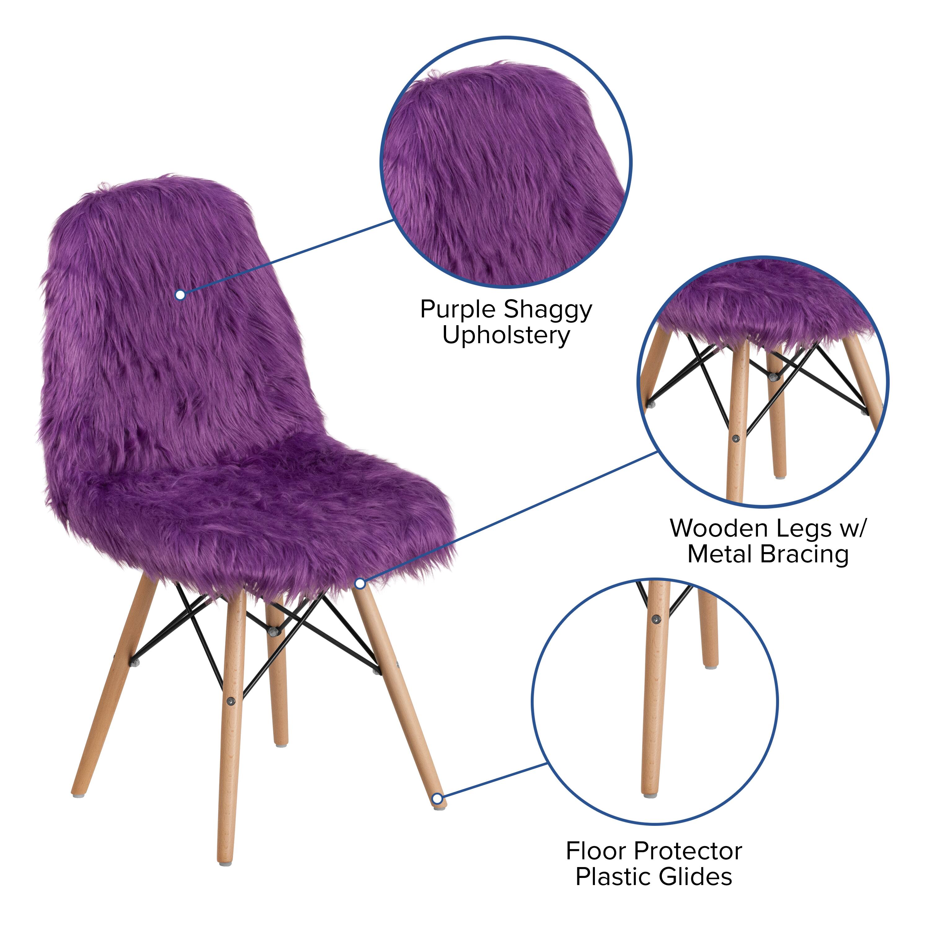 Purple Shaggy Upholstery  
Wooden Legs w/ Metal Bracing  
Floor Protector Plastic Glides