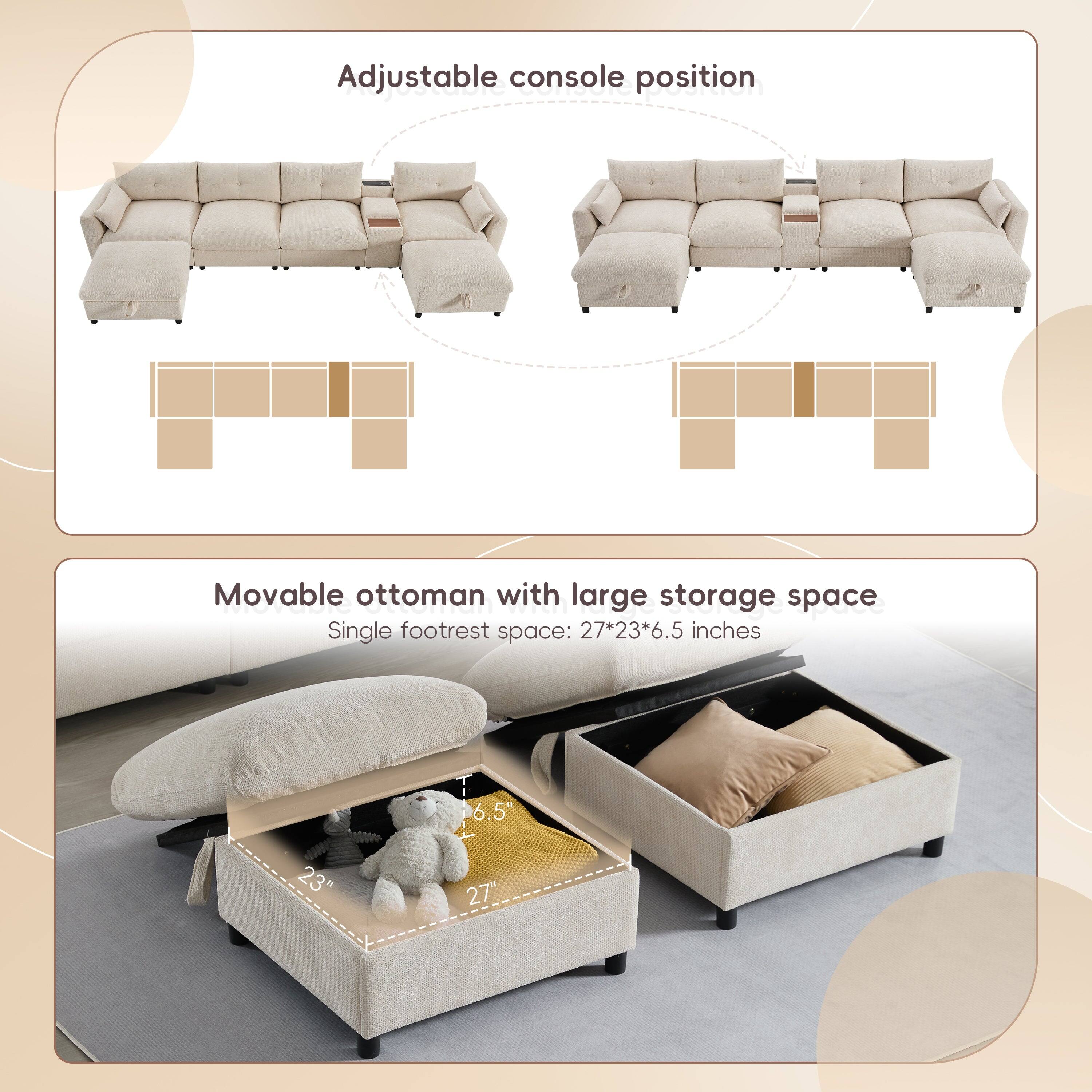 Adjustable console position

Movable ottoman with large storage space
Single footrest space: 27*23*6.5 inches