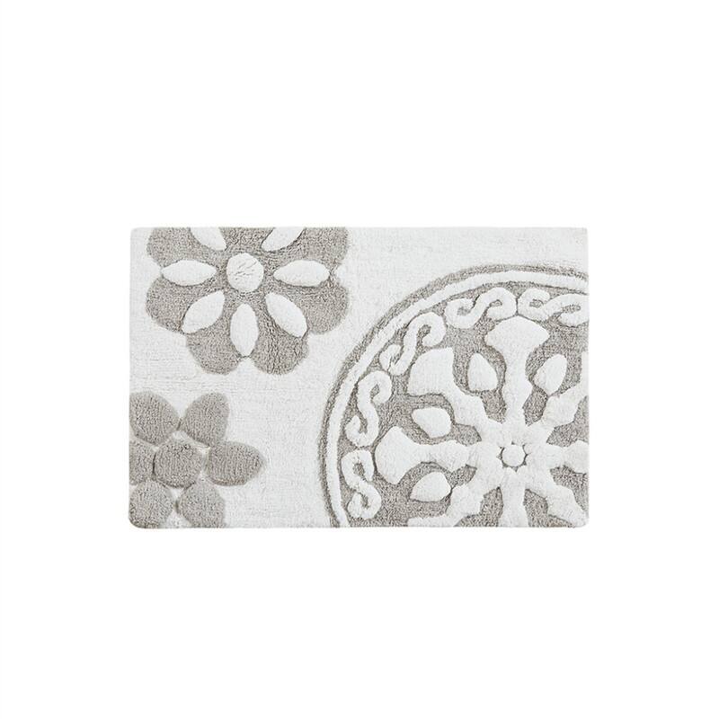 Front. HTUTWOO - Rectangle Cotton Tufted Bath Rug - 20x30 Inch Bohemian Bathroom Mat, 100% Cotton Soft Absorbent, Machine Washable - TAUPE.