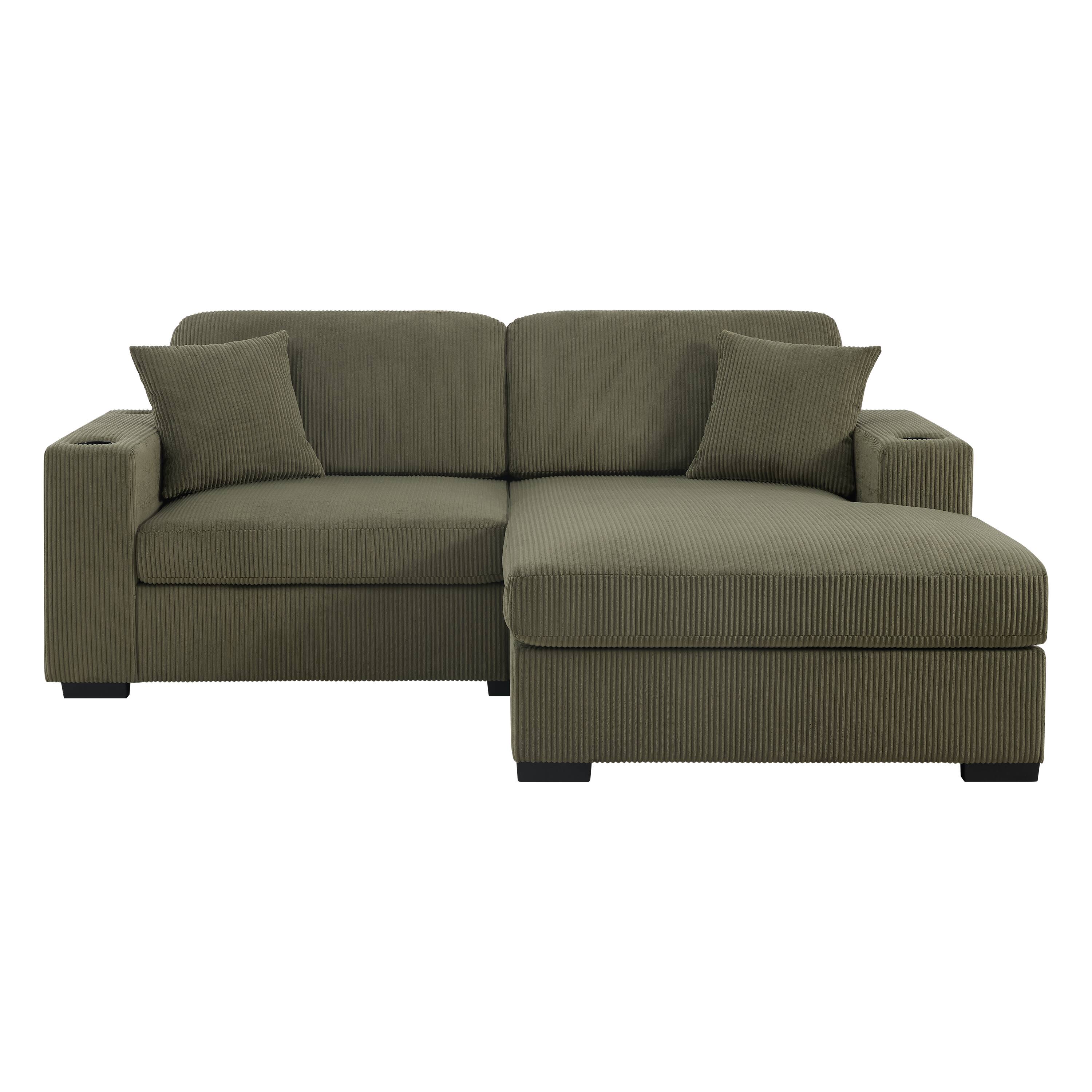 Back. Whisen - 86.5" L-Shaped Corduroy Sectional Sofa with Chaise & Cup Holders for Living Room - Green.