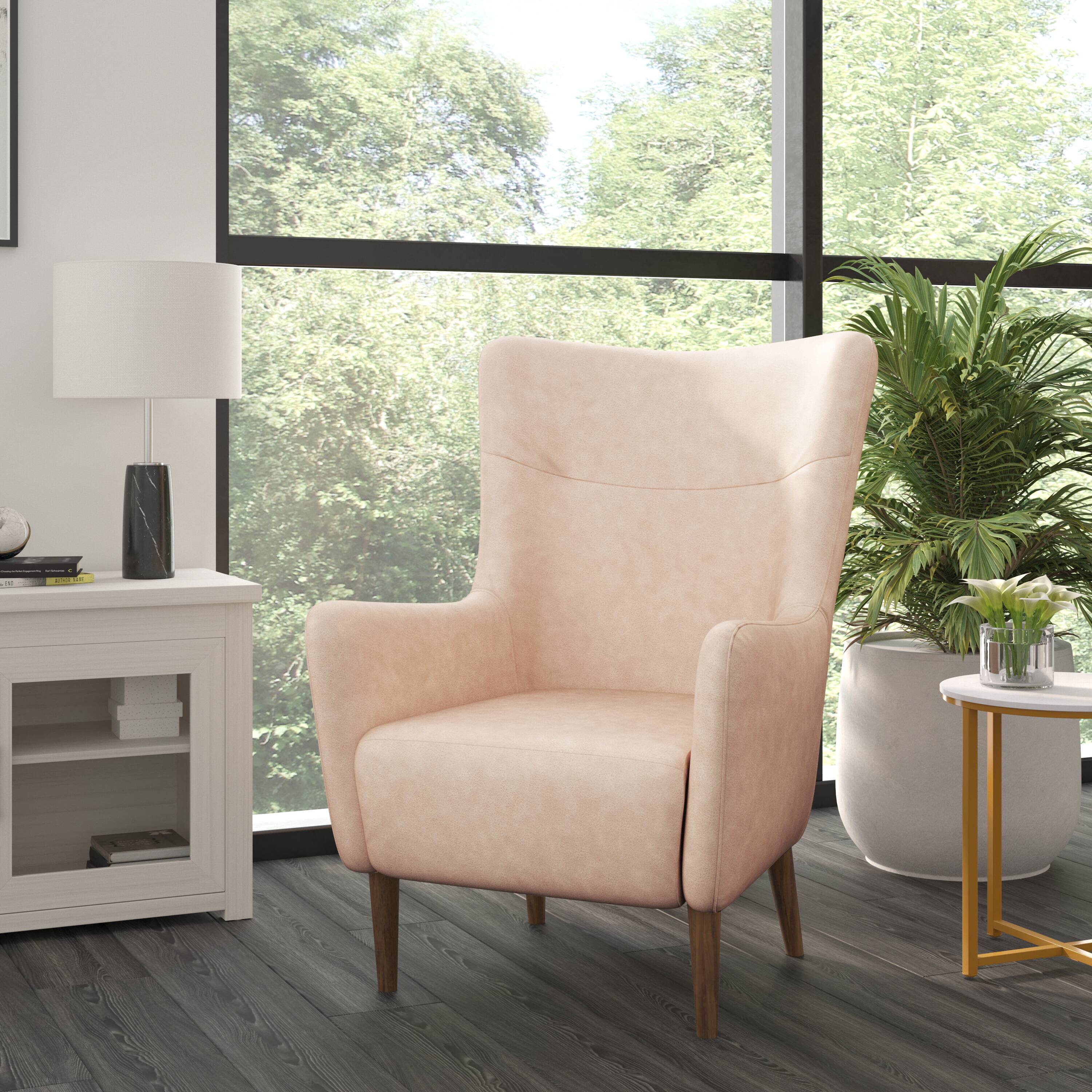 Alt View 1. Emma + Oliver - Kellen Traditional Wingback Accent Chair, Faux Leather Upholstery and Wooden Frame and Legs - Light Brown.