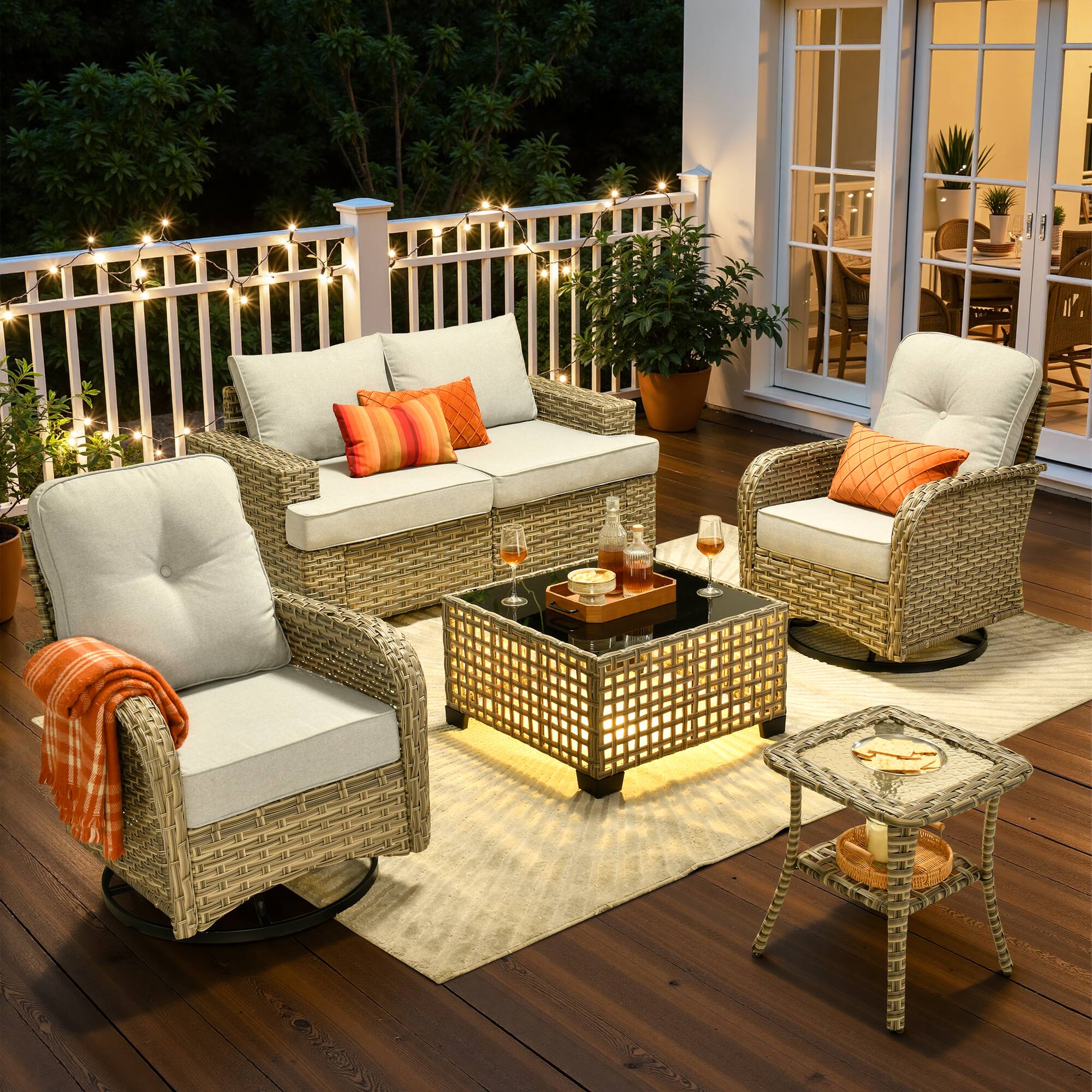 Ovios - 6 PCS Patio Furniture Set, Sectional Loveseat with Swivel Chairs, Coffee Table & Side Table - Gray