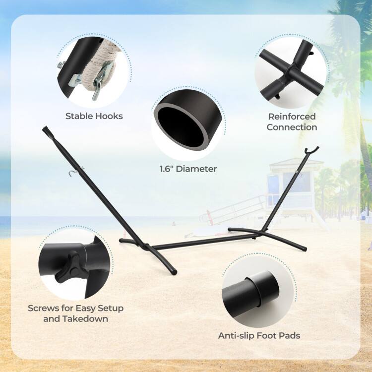 Stable Hooks  
Reinforced Connection  
1.6" Diameter  
Screws for Easy Setup and Takedown  
Anti-slip Foot Pads