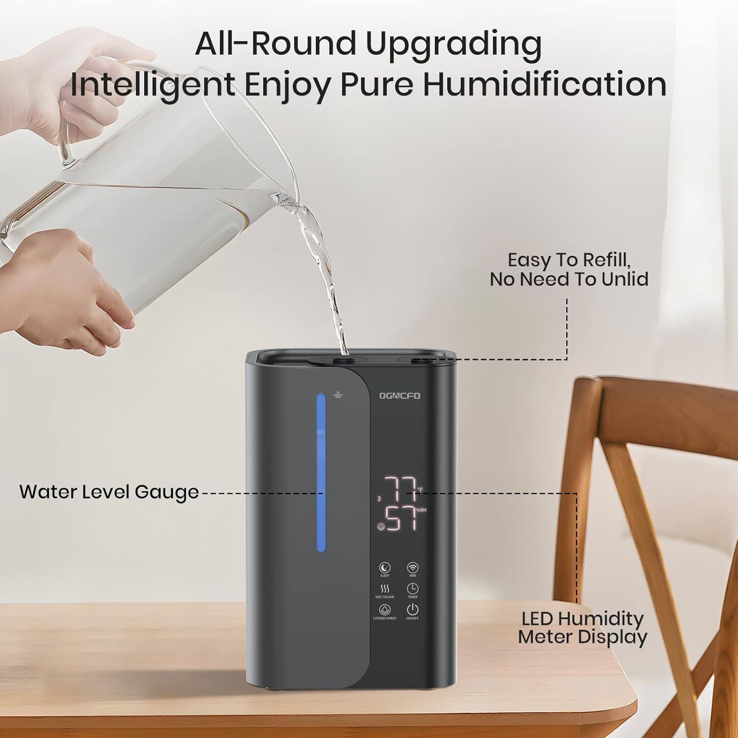 All-Round Upgrading Intelligent Enjoy Pure Humidification

Easy To Refill, No Need To Unlid

Water Level Gauge

LED Humidity Meter Display