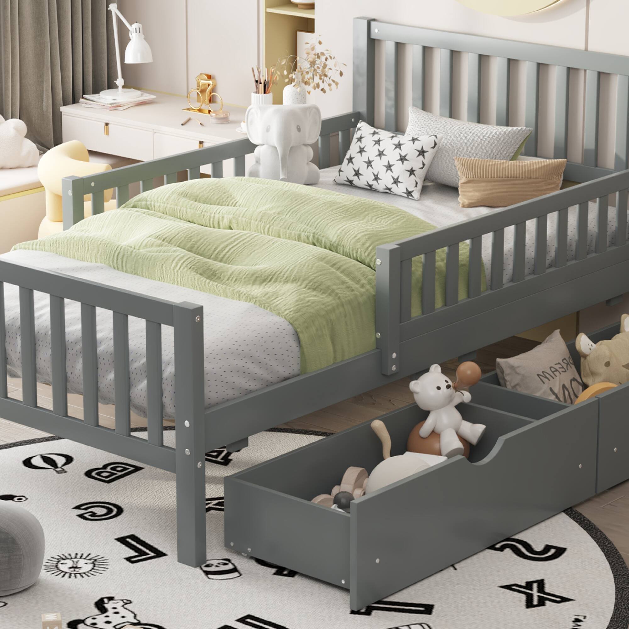 Alt View 9. GOODSILO - Twin Size Wood Platform Bed with Dual Guardrails and Underbed Storage Drawers for Enhanced Safety and Organization - Gray.