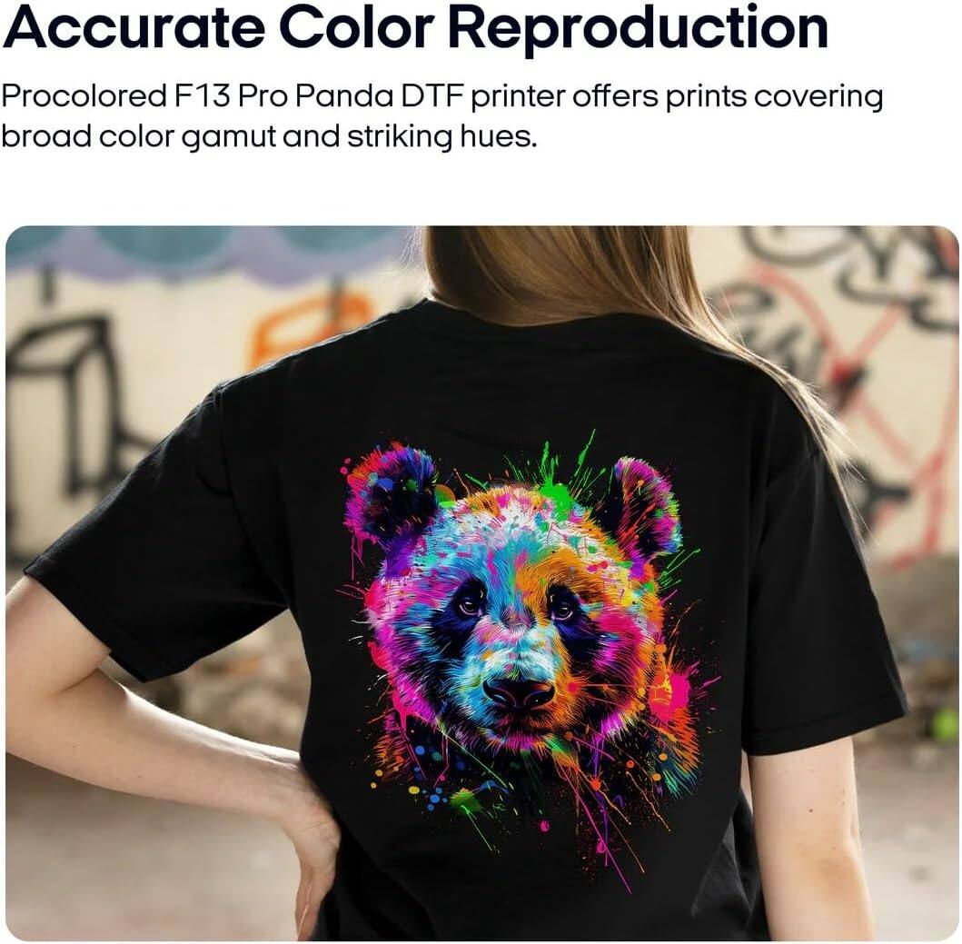 Accurate Color Reproduction  
Procolored F13 Pro Panda DTF printer offers prints covering broad color gamut and striking hues.