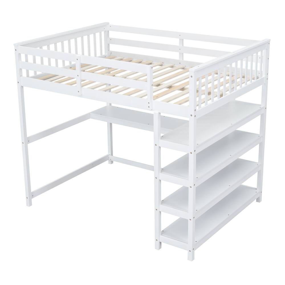 Alt View 8. Loheer - Loheer Full Size Loft Bed with Desk and Storage Shelves, White Solid Wood Space Saving Bed Frame - White.