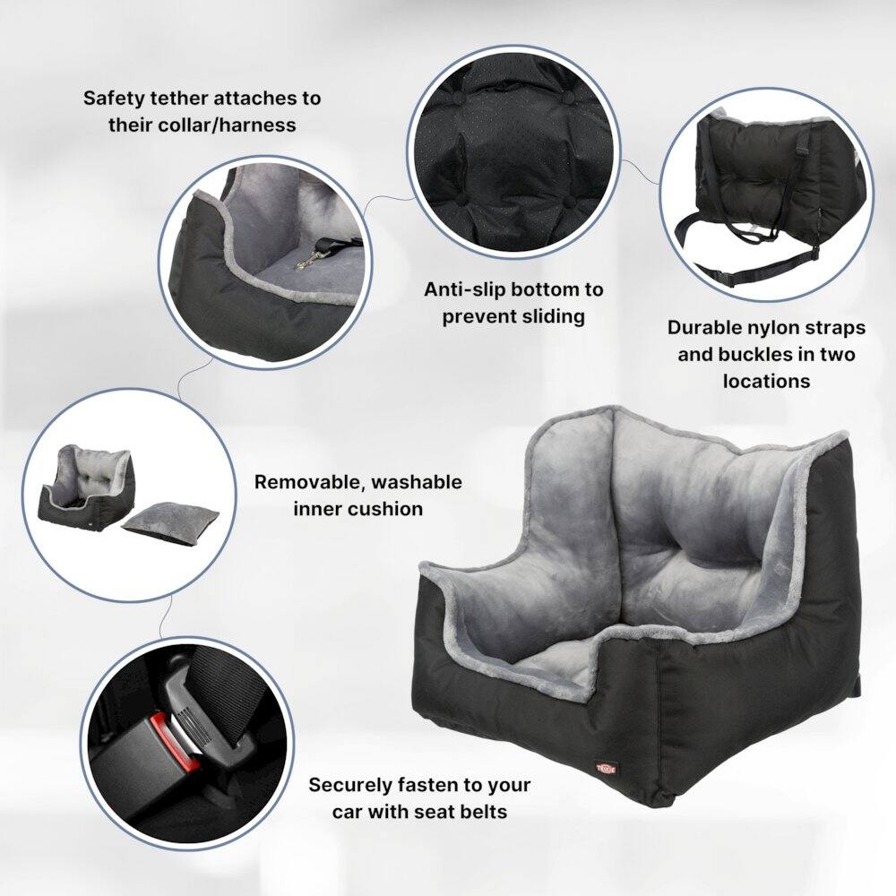 Safety tether attaches to their collar/harness  
Anti-slip bottom to prevent sliding  
Durable nylon straps and buckles in two locations  
Removable, washable inner cushion  
Securely fasten to your car with seat belts