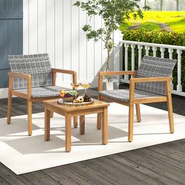 Costway - 3 PCS Outdoor Furniture Set, Acacia Wood Frame Sofa Set with Rattan Seat - Gray