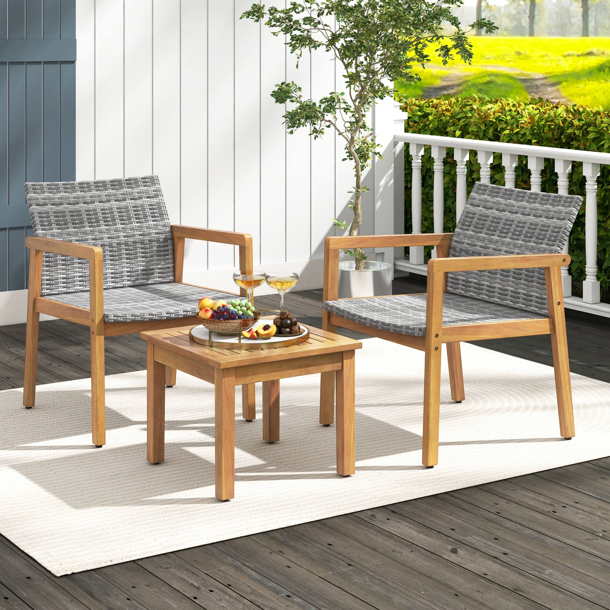 Alt View 1. Costway - Costway 3 PCS Outdoor Furniture Set, Acacia Wood Frame Sofa Set with Rattan Seat - Gray.