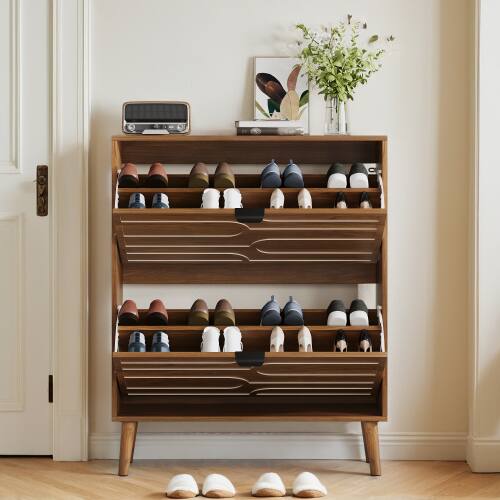 Alt View 1. LUCKY ONE - 31.5in Freestanding Walnut Shoe Cabinet with 2 Flip Drawers Paperclip Groove for Entryway - Walnut.