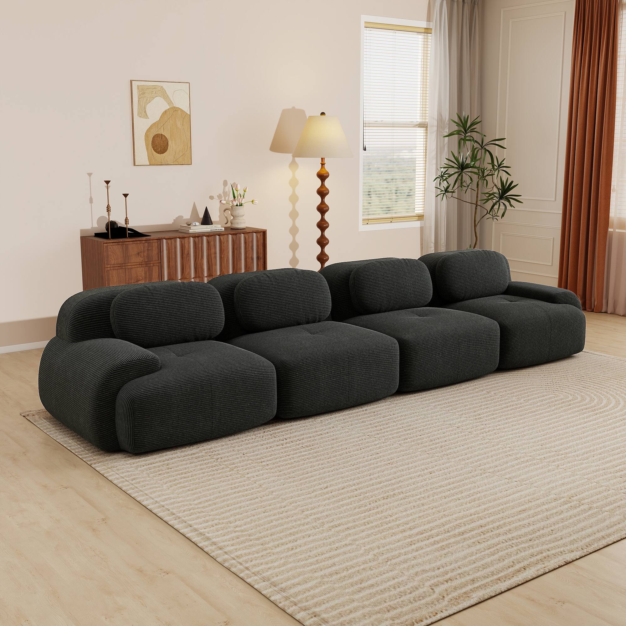 Aukfa - 4 seats Modular Corduroy Sectional Sofa with Ergonomic Support - Pet Friendly, Easy Assembly, Non-Slip Base Design - Black