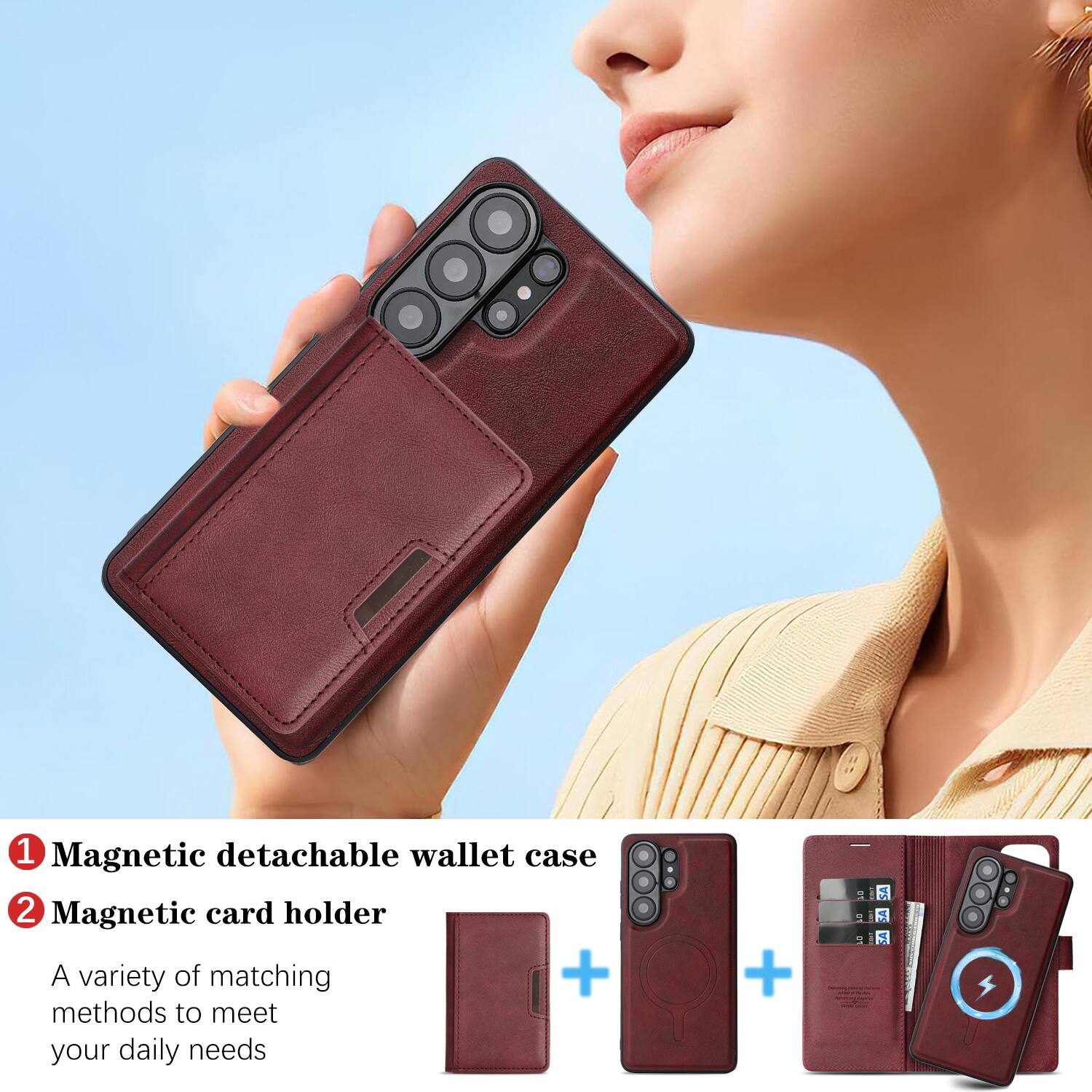 1. Magnetic detachable wallet case  
2. Magnetic card holder  

A variety of matching methods to meet your daily needs