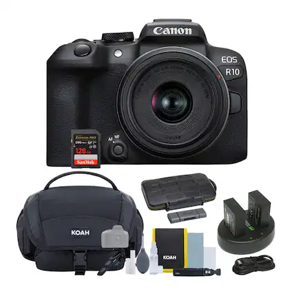 Canon EOS R10, Canon RF-S18-45mm LENS F4.5-6.3 IS CANON STM, Canon Extreme PRO 200MB/s, SanDisk 128GB, Canon AF MF, 49mm, KOAH