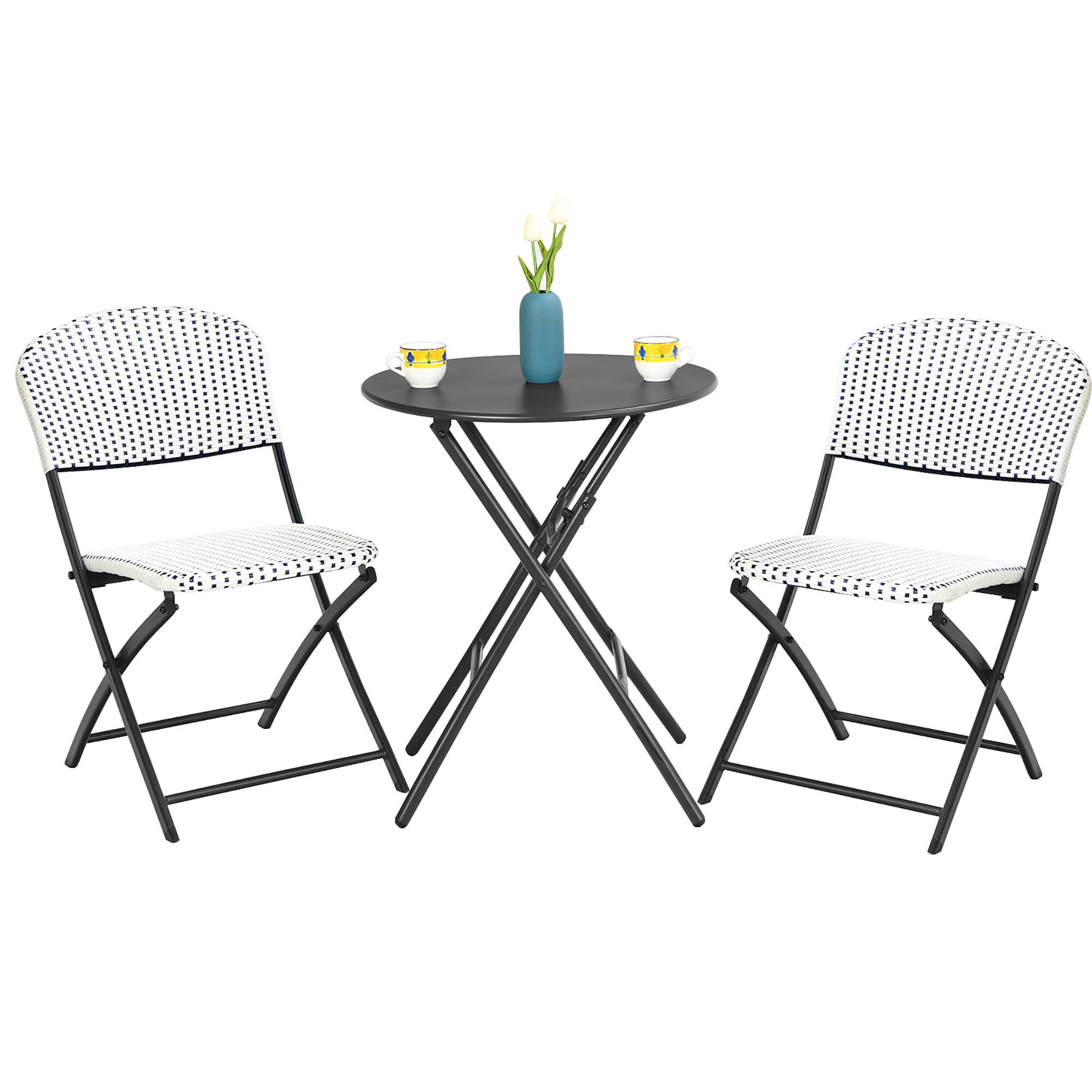 Costway - 3PCS Patio Rattan Bistro Set Folding Table Chairs Garden Deck - Black,White