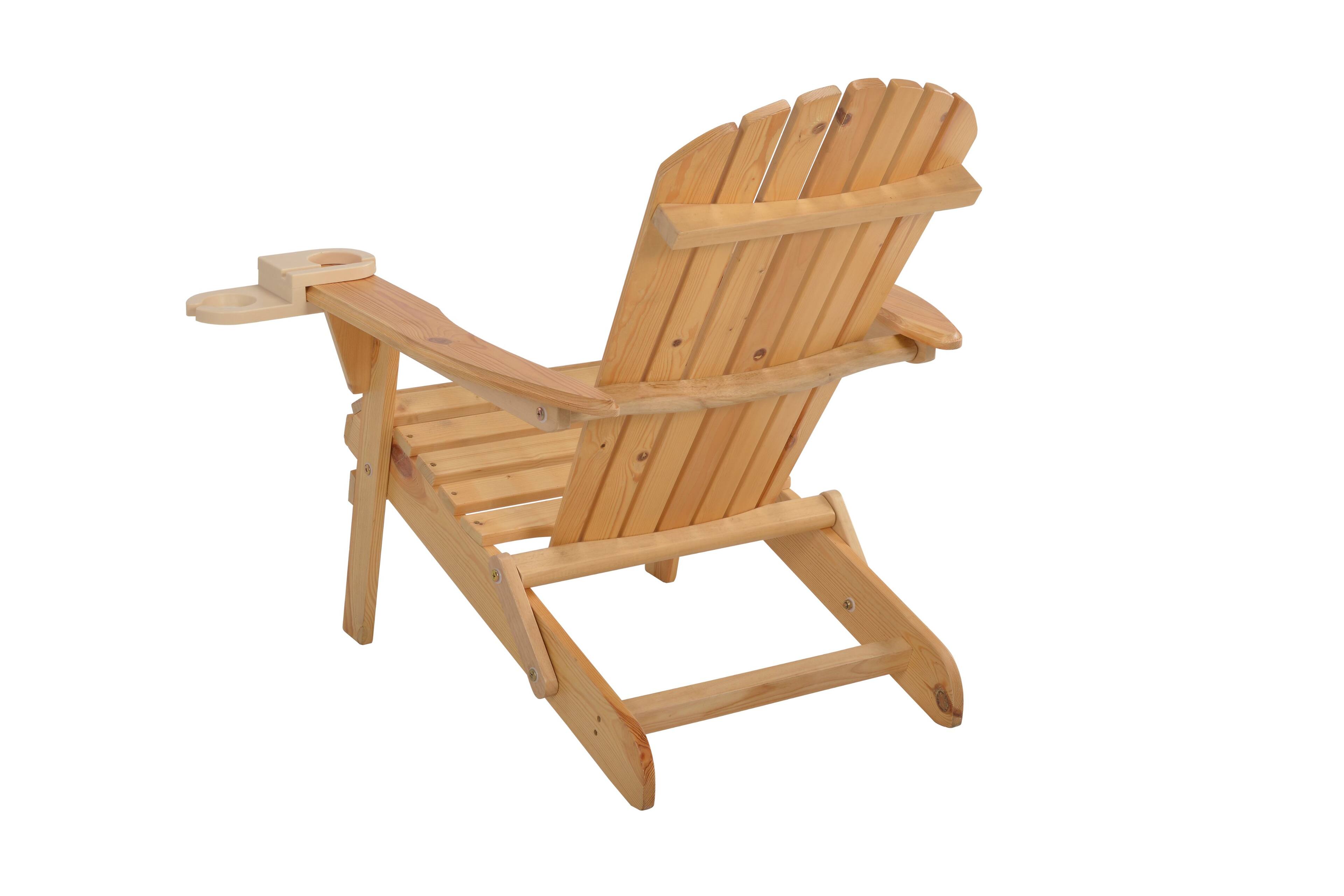 Back. Jiallo - Foldable Adirondack Chair with cup holder Conversation Set, 2 Chairs with cup holders with Ottoman and 1 End Table - NATURAL.