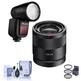 Sony - Sonnar T* E 24mm F/1.8 E-Mount Lens - Bundled With Flashpoint Zoom Li-on X R2 TTL On-Camera Round Flash Speedlight