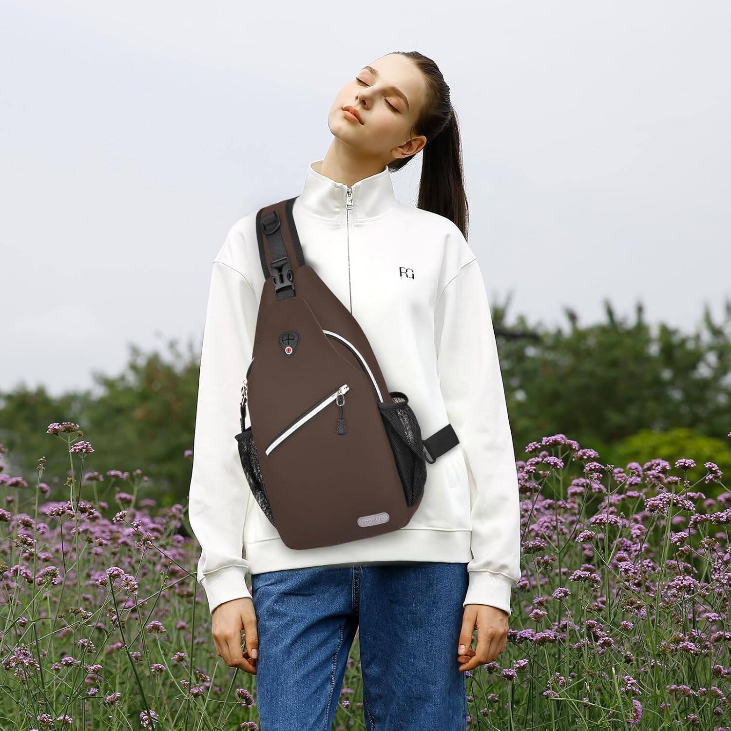 Alt View 5. mosiso - Sling Backpack Multipurpose Crossbody Shoulder Bag Travel Hiking Daypack - Caramel Brown.