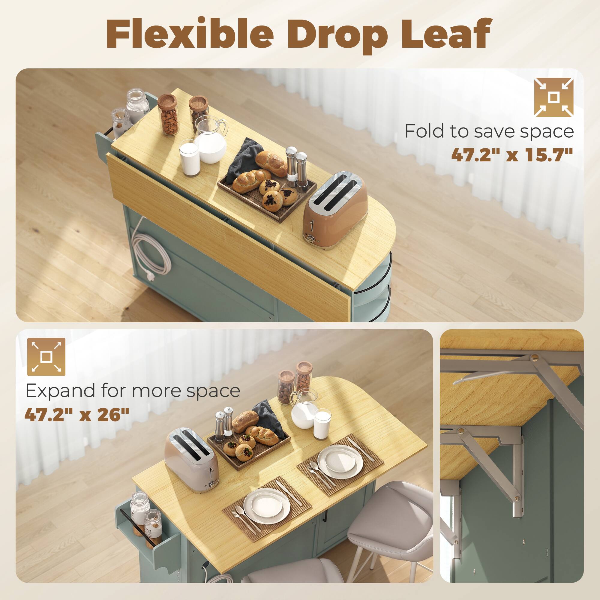 Flexible Drop Leaf

Fold to save space  
47.2" x 15.7"

Expand for more space  
47.2" x 26"