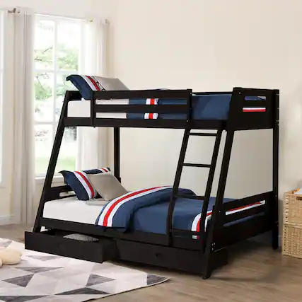 Front. Vaczon - Solid Wood Twin/Full Bunk Bed with Storage Drawers, Built-In Ladder and Guardrails - Black.