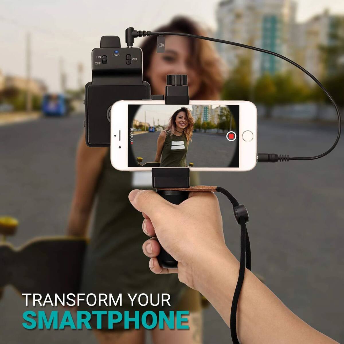 100 ON OF PWR VOL 0:00:00 TRANSFORM YOUR SMARTPHONE