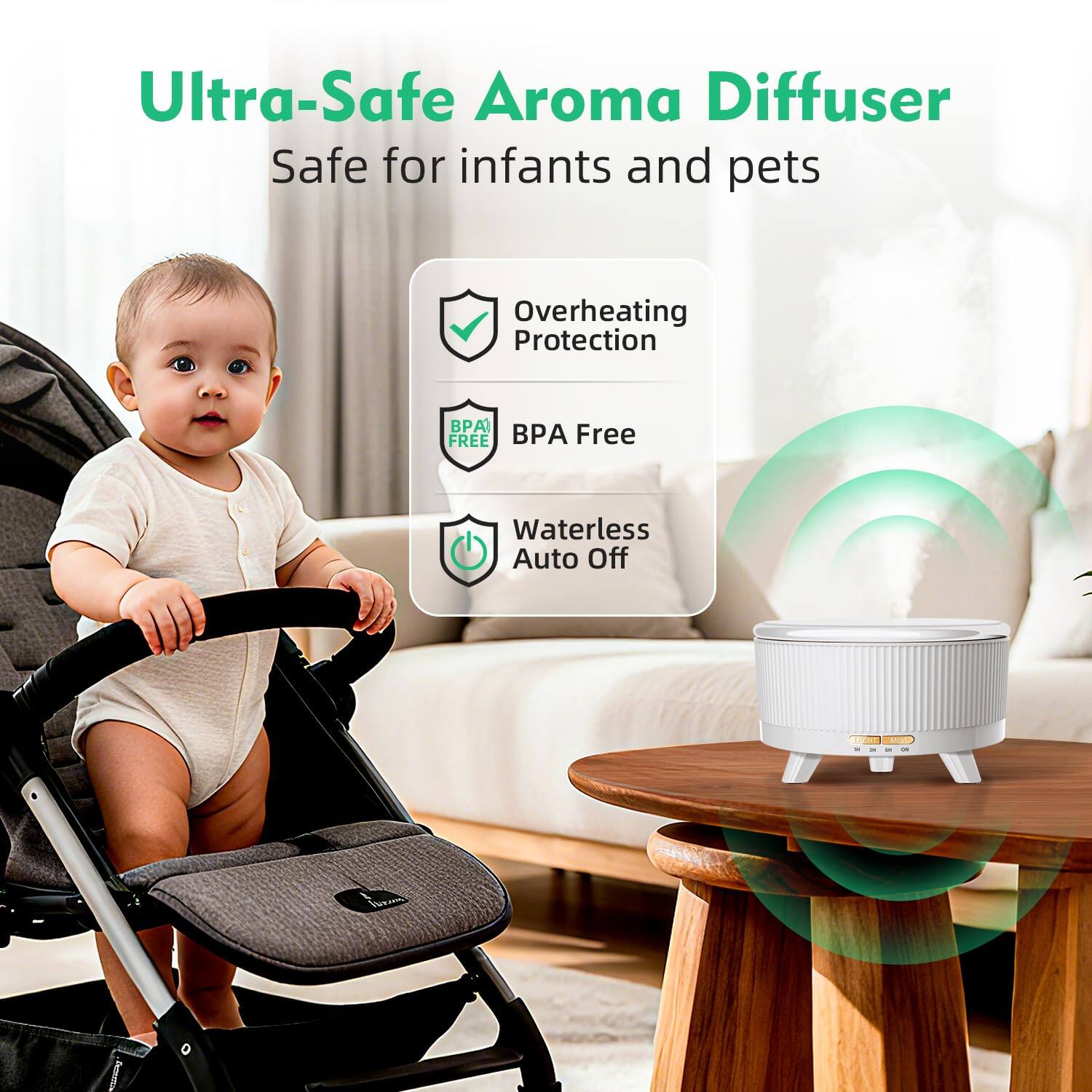 Ultra-Safe Aroma Diffuser  
Safe for infants and pets  

- Overheating Protection  
- BPA Free  
- Waterless Auto Off