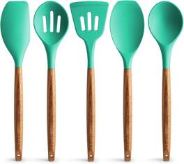 Zulay Kitchen - 5-Piece Non-Stick Cooking Utensils Set with Authentic Acacia Wood Handles - Mint