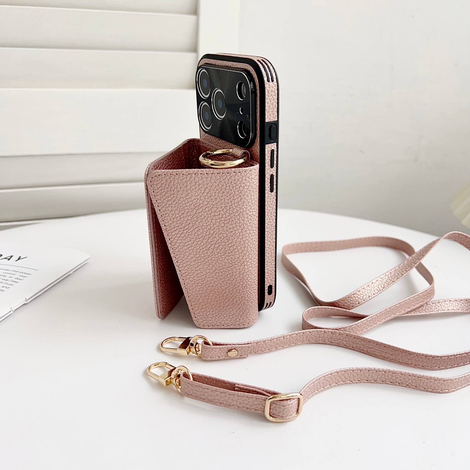 Alt View 2. Dteck - Crossbody Wallet Case for Apple iPhone 17 Pro,with Makeup Mirror and Card Holder,Premium Faux Leather Texture Cover - Blue.