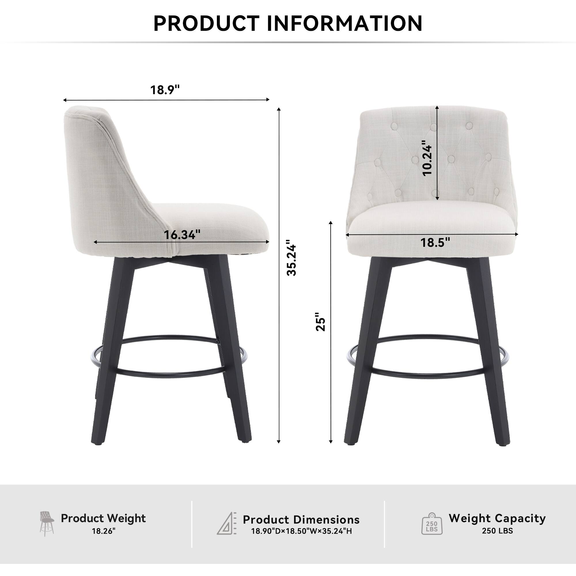 **PRODUCT INFORMATION**

- **Product Weight:** 18.26 lbs
- **Product Dimensions:** 18.90"D x 18.50"W x 35.24"H
- **Weight Capacity:** 250 lbs

**Dimensions:**
- Seat Height: 18.9"
- Seat Depth: 16.34"
- Seat Width: 18.5"
- Back Height: 35.24"
- Back Width: 10.24"
- Overall Height: 25"