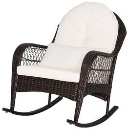 Gymax - Patio Wicker Rocking Chair w/ White Seat Cushions & Lumbar Pillow Porch - Mix Brown, White