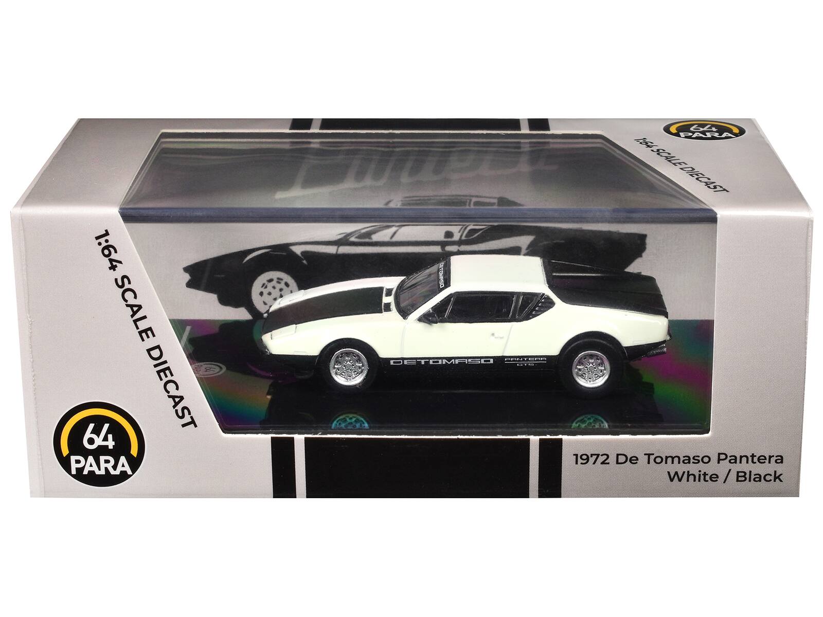 1:64 SCALE DIECAST  
64 PARA  
1:64 SCALE DIECAST  
1972 De Tomaso Pantera White / Black