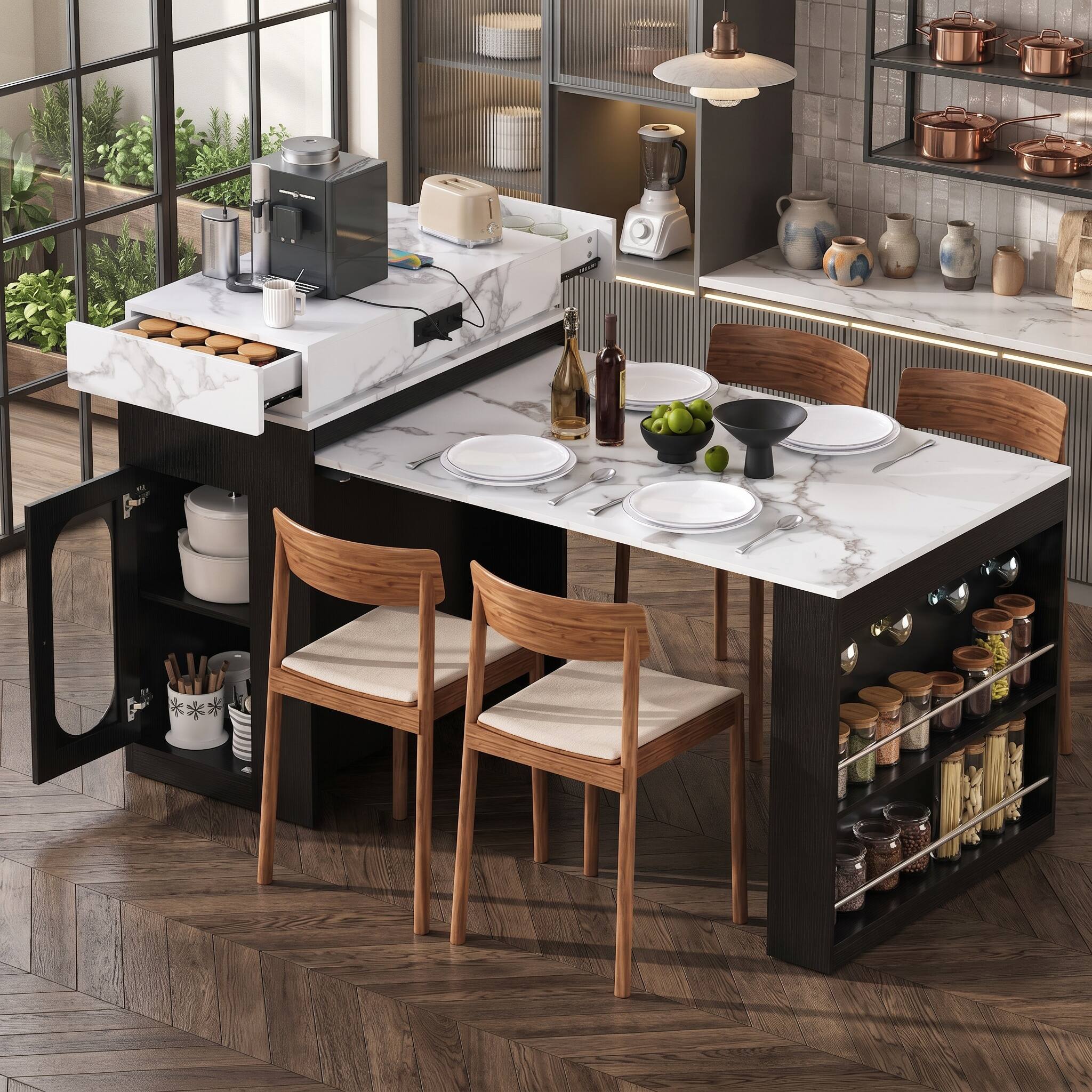 Alt View 9. Forest'nSky - Black Sideboard Buffet Cabinet Extendable Dining Table with Folding Tabletop,Drawers and Power Outlet - Black.