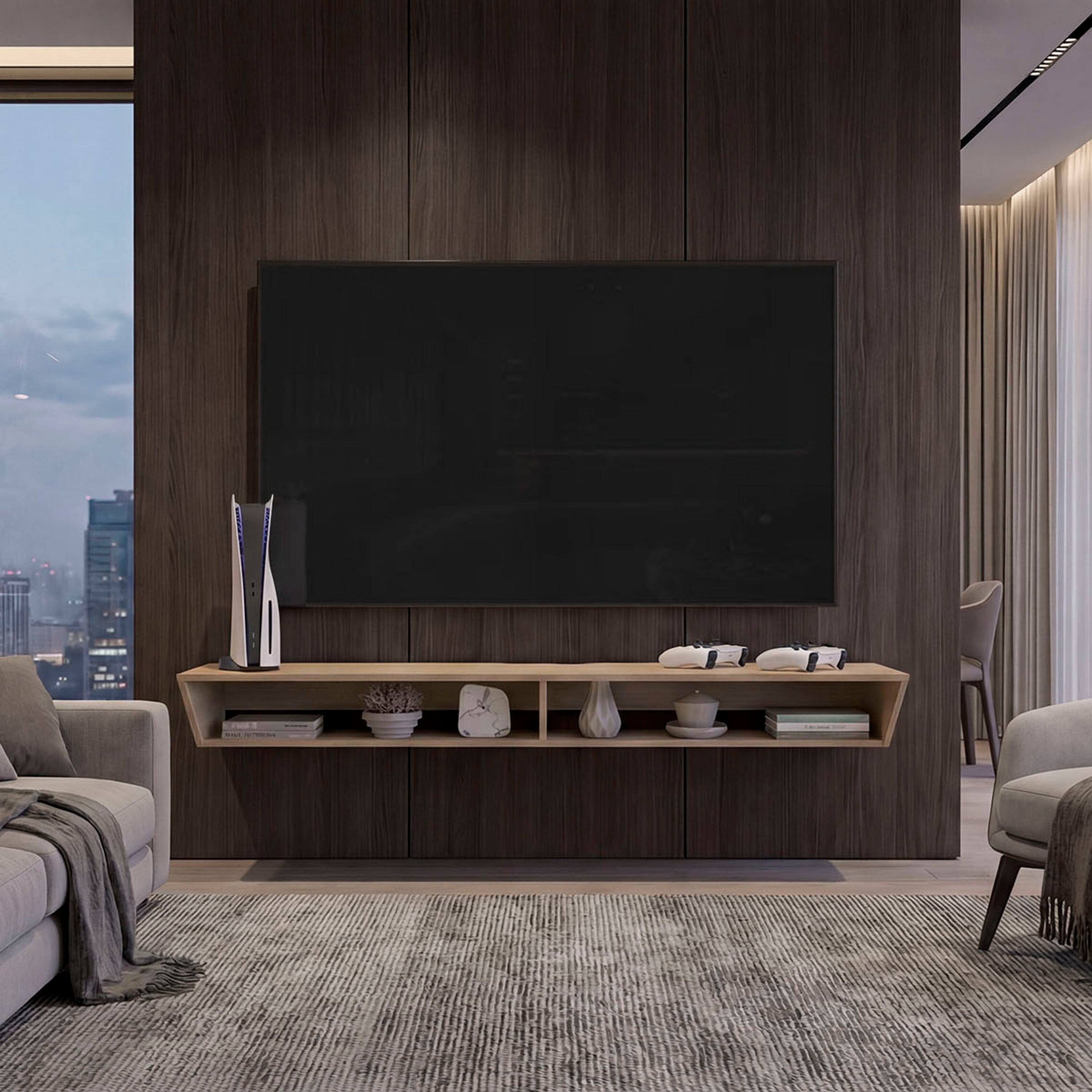 Angle. TuHome - Modern Floating TV Stand for 50-65 Inch TVs, Gaming Consoles, with Open Display Shelves, Wall Entertainment Center - Light Oak.