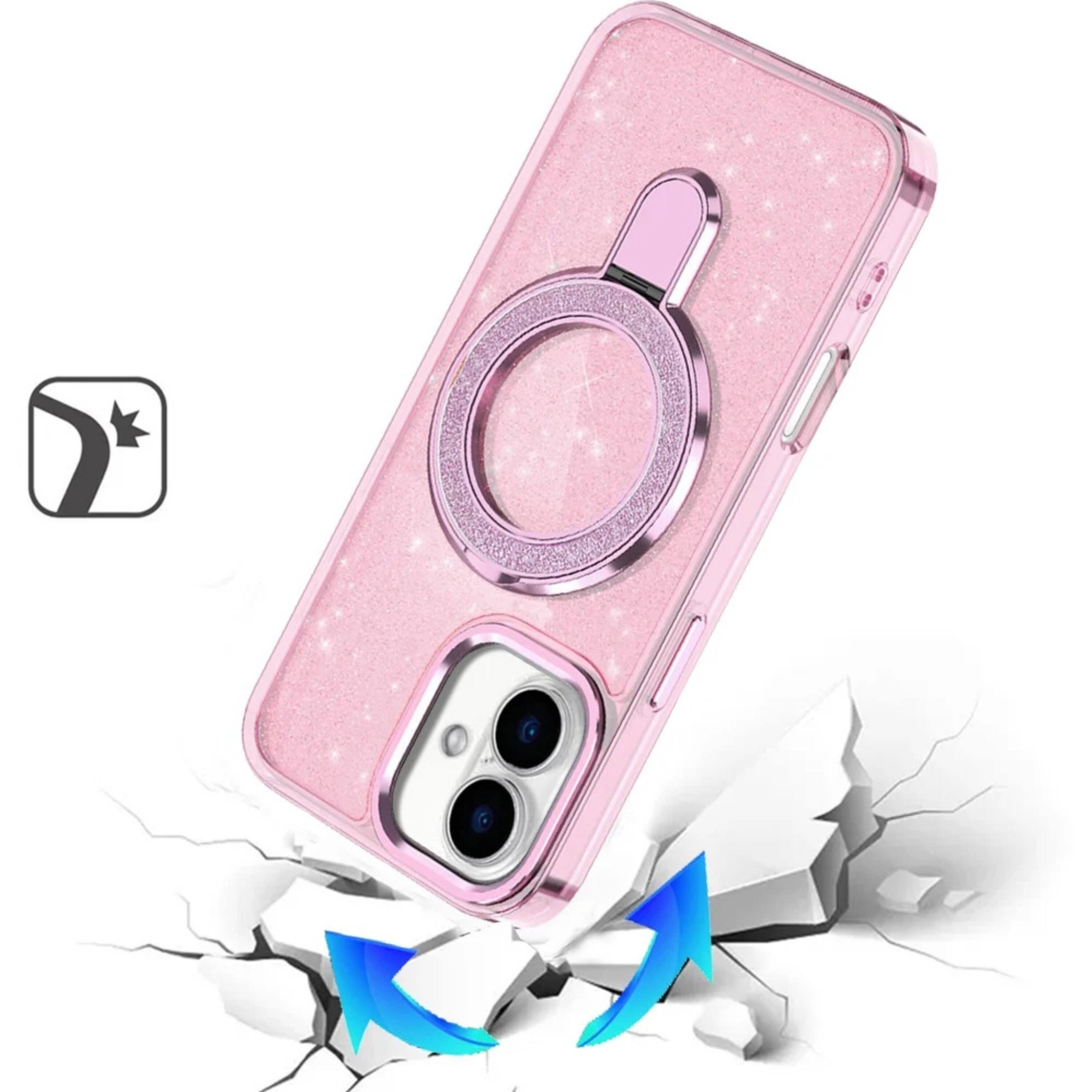 Angle. Kitcheniva - Iphone 17 Translucent Glitter Case With Magnetic Circle Stand And Protective Cover Light Pink - Pink.